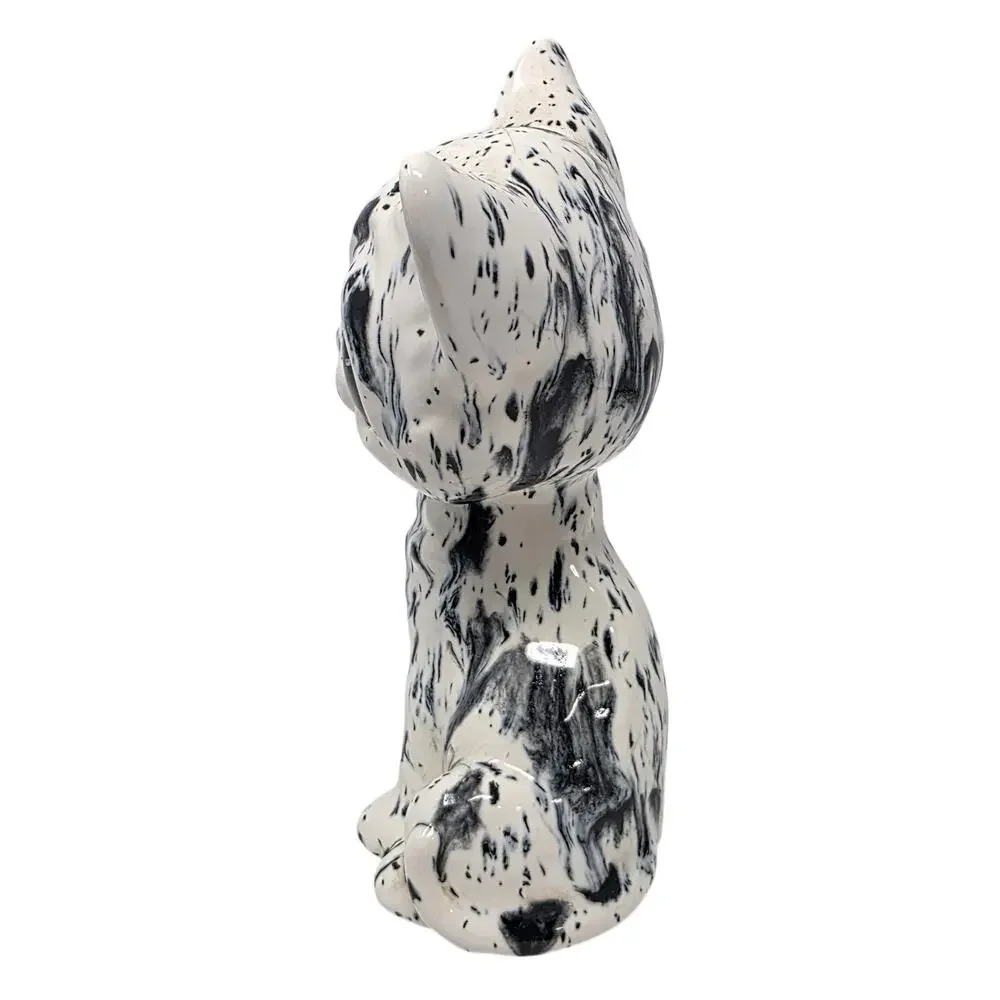 Vintage Big Eye Cat Figurine Black White Ceramic 7in Hairline Crack
